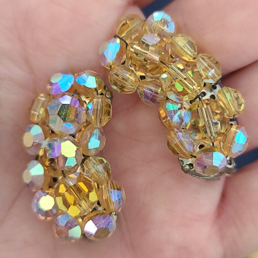 Vintage Golden Aurora Borealis Crystal Clips